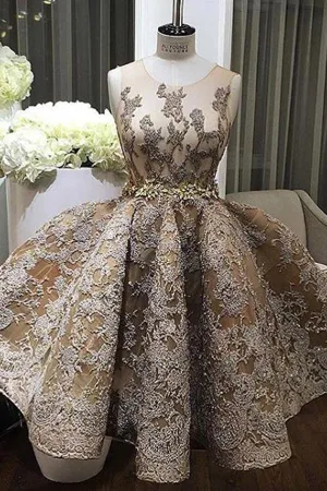 A-line Jewel Sleeveless Short Prom Dress With Lace Appliques TP0020