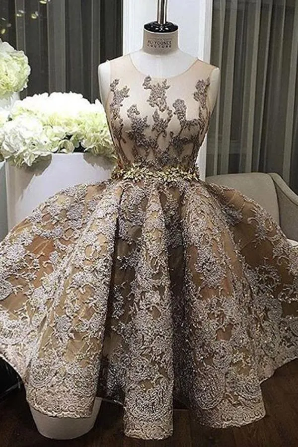 A-line Jewel Sleeveless Short Prom Dress With Lace Appliques TP0020