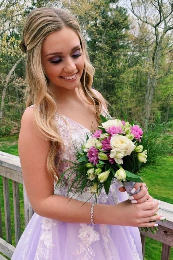 A Line Lilac Appliques V Neck Long Prom Dress Tulle Evening Formal Gowns OK1127