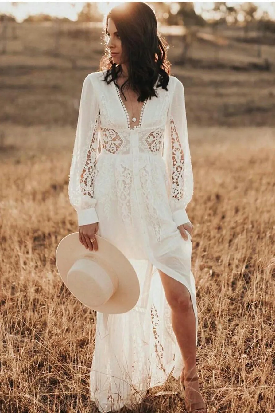 A-line Long Sleeves Lace Beach Wedding Dress Long Slit Bridal Gowns OKX88