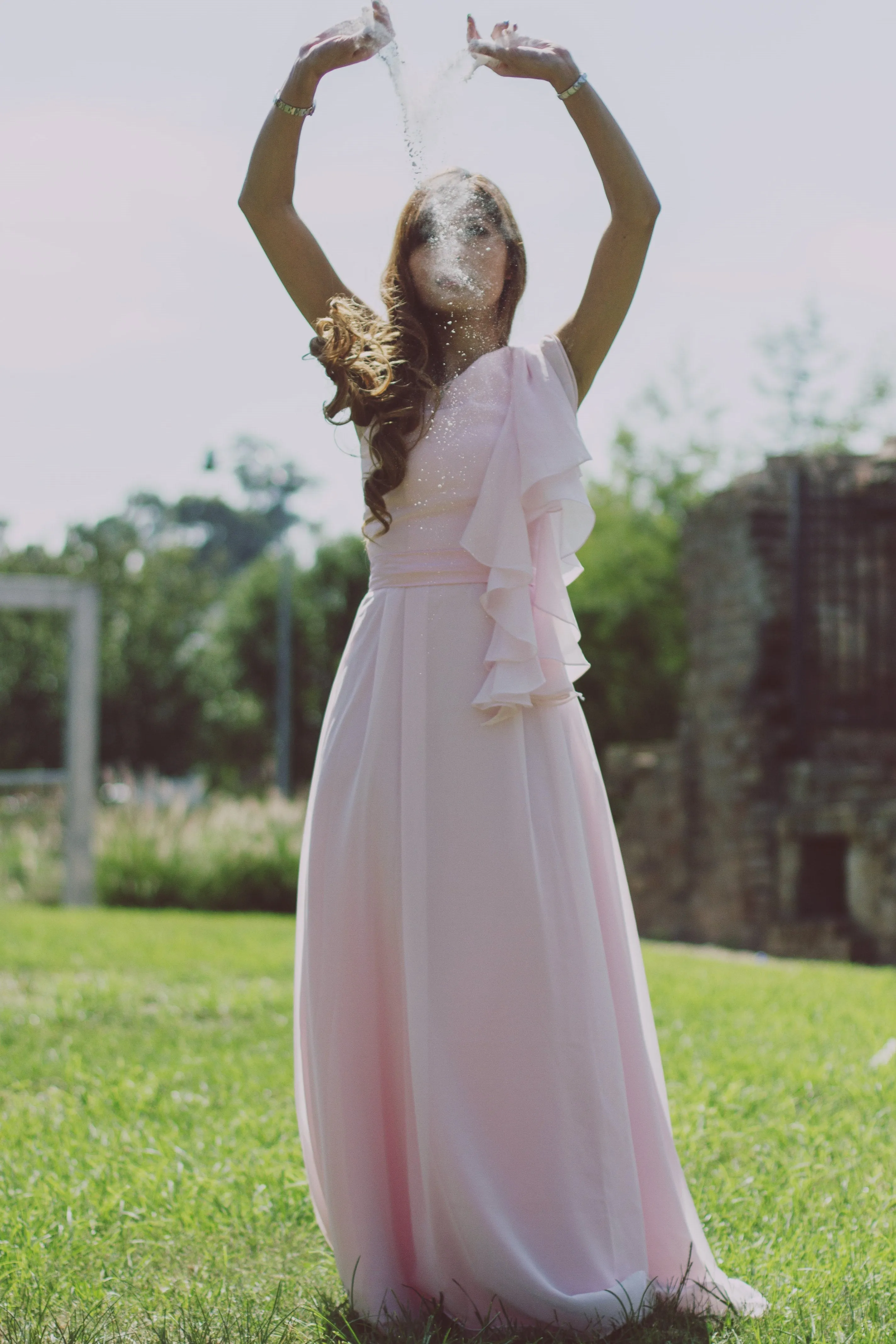 A-line One-shoulder Floor Length Chiffon Hanging Ribbon Prom Dress