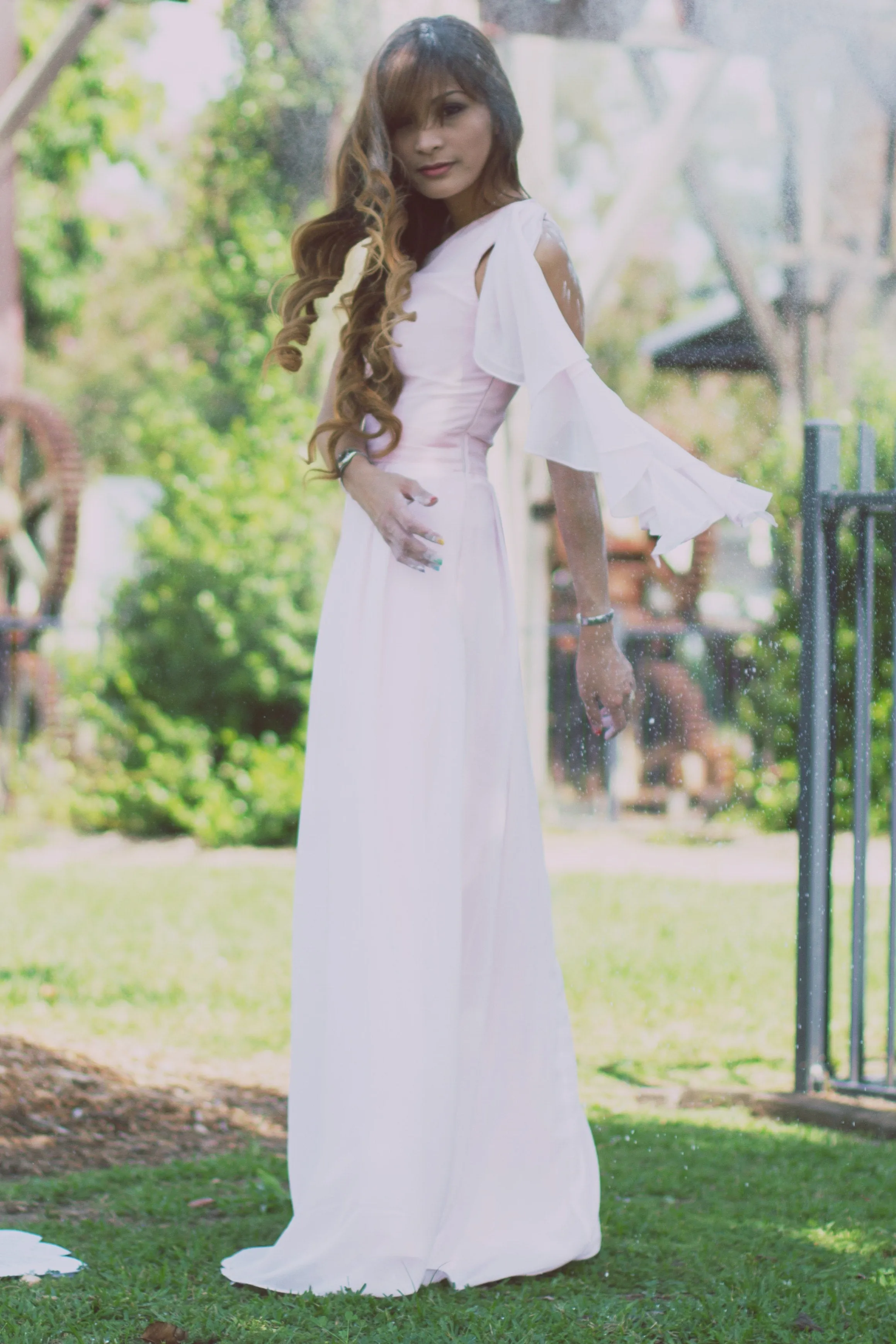 A-line One-shoulder Floor Length Chiffon Hanging Ribbon Prom Dress