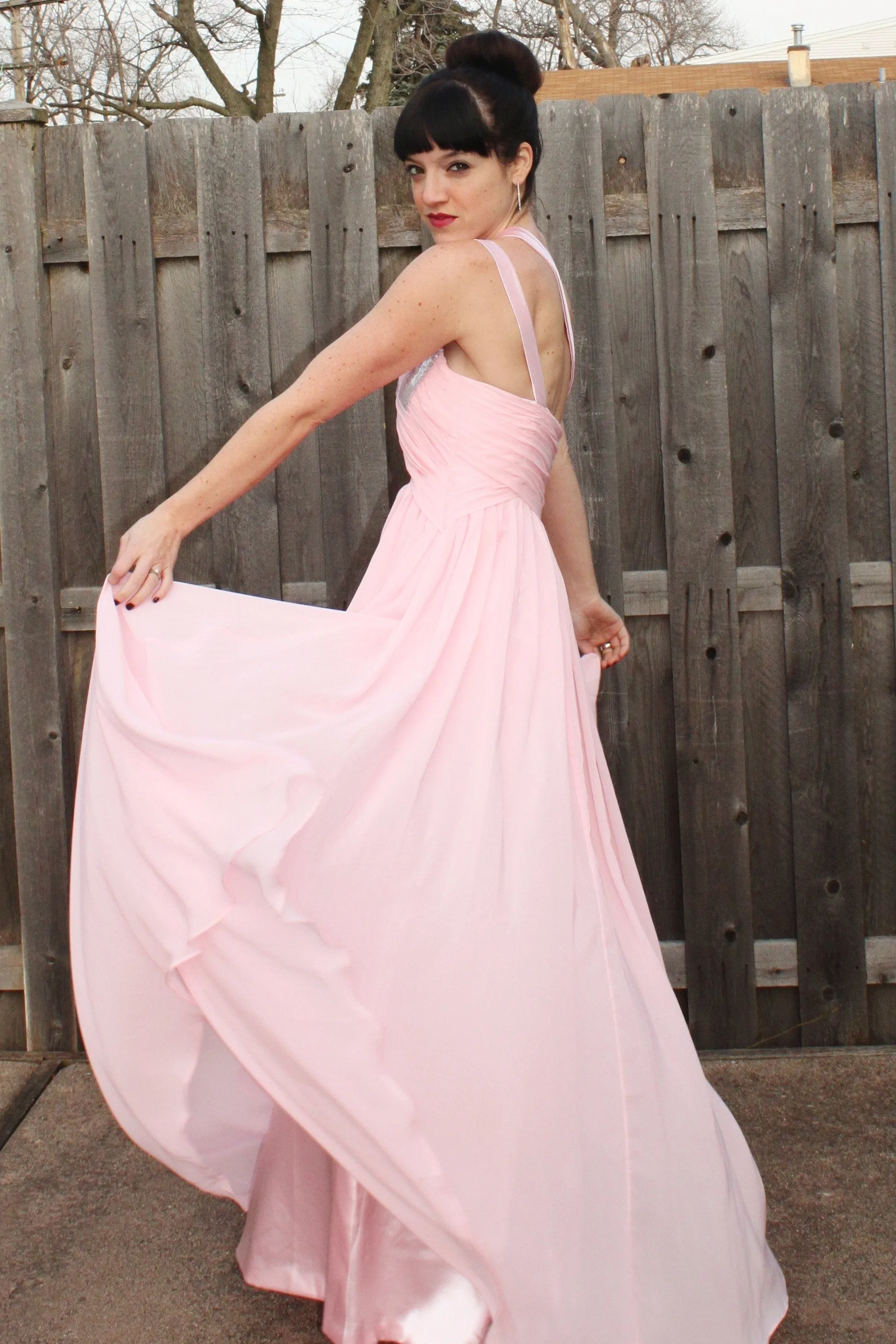 A-line One-shoulder Floor Length Chiffon Paillette Backless Prom Dress