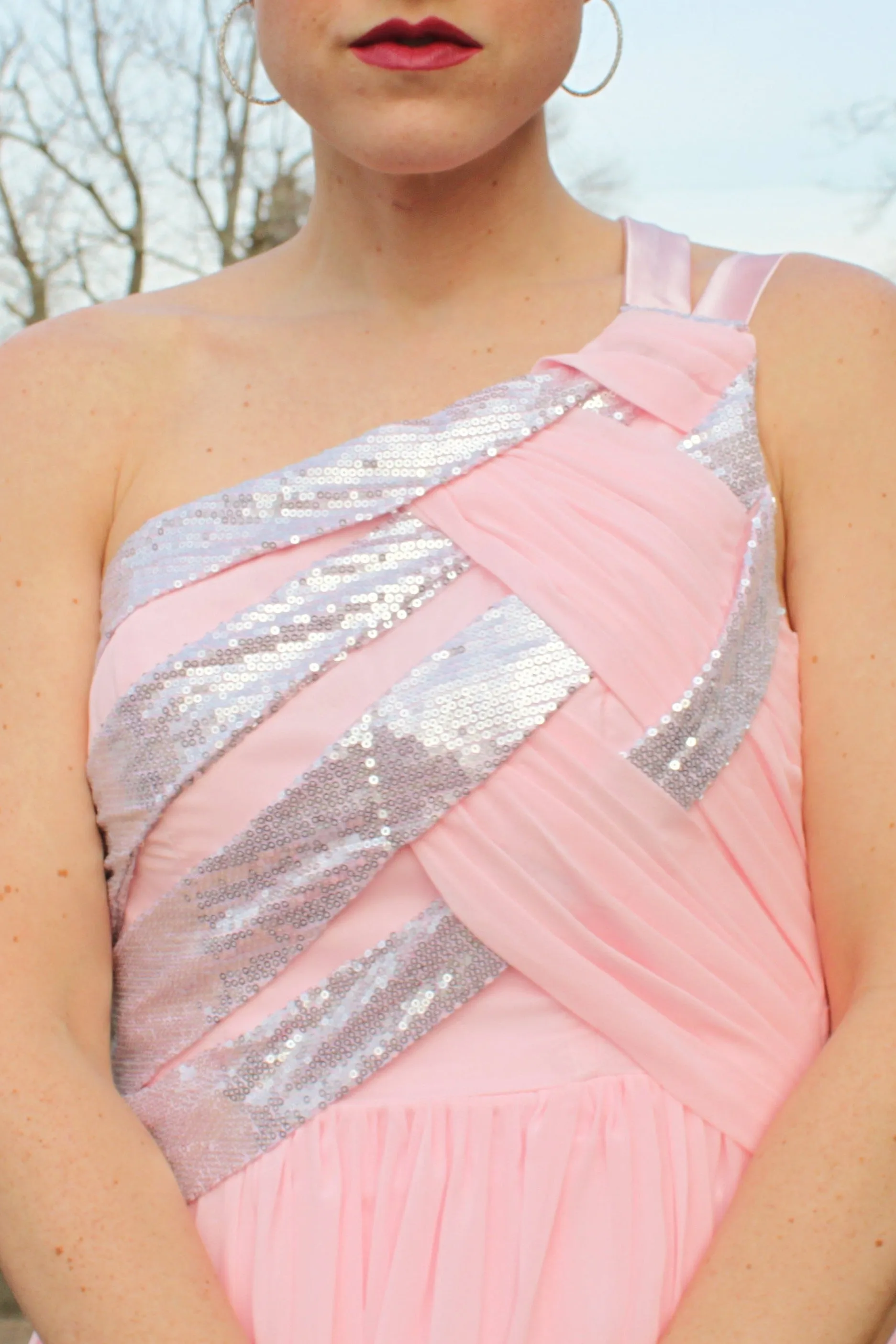 A-line One-shoulder Floor Length Chiffon Paillette Backless Prom Dress