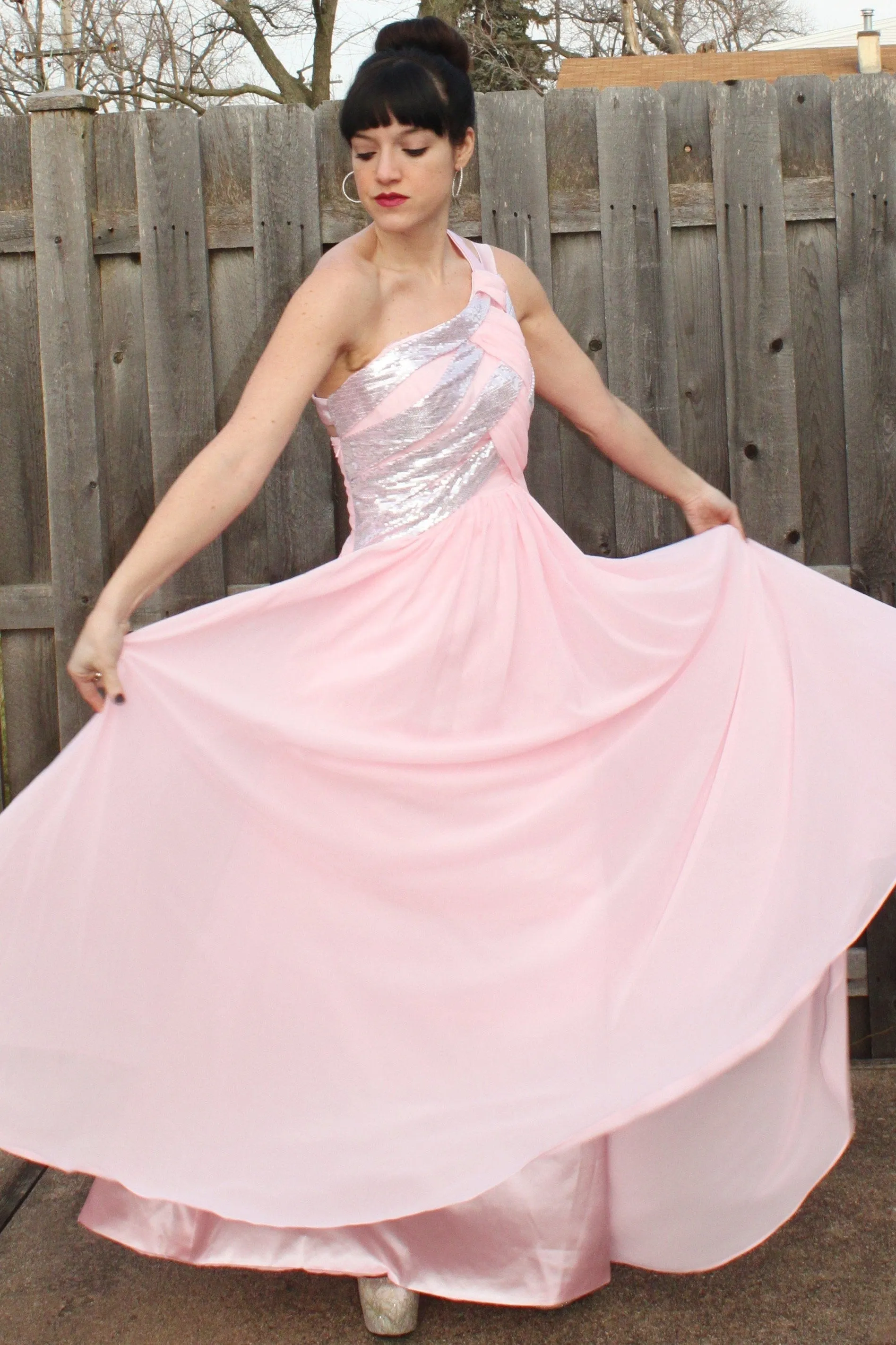 A-line One-shoulder Floor Length Chiffon Paillette Backless Prom Dress
