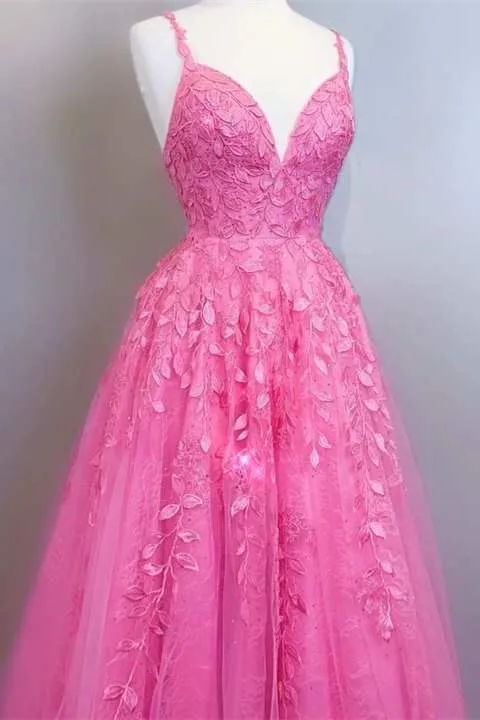 A-line Pink Lace Evening Dresses Appliques V Neck Prom Dress