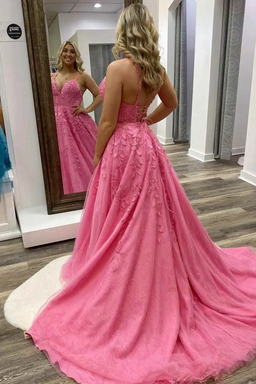 A-line Pink Lace Evening Dresses Appliques V Neck Prom Dress