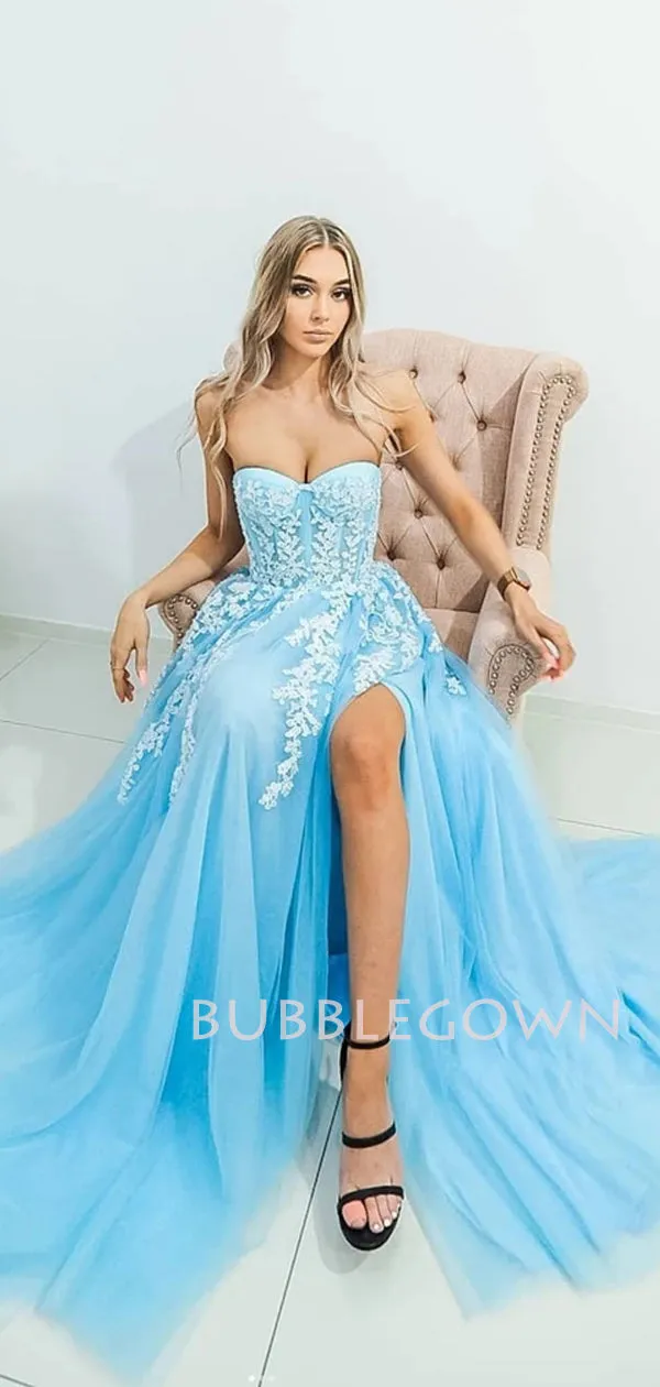 A-Line Tulle Side slit Blue Lace Long Evening Prom Dresses, Cheap Tulle Sweet Dresses, MR7256