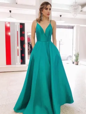A Line V Neck Backless Green Long Prom with Pocket, Backless Green Formal Graduation Evening