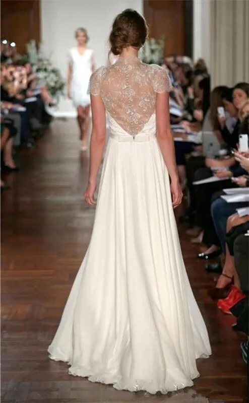 A-line V-neck Chiffon Lace Beaded Long Evening Dresses