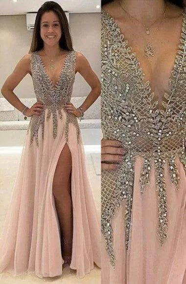 A-Line V-Neck Floor-Length Tulle Prom Dress With Beading TP0081