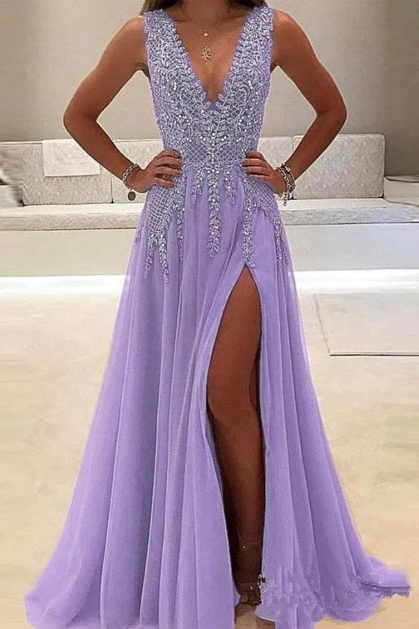 A-Line V-Neck Floor-Length Tulle Prom Dress With Beading TP0081