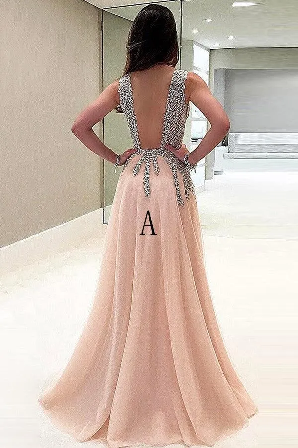 A-Line V-Neck Floor-Length Tulle Prom Dress With Beading TP0081
