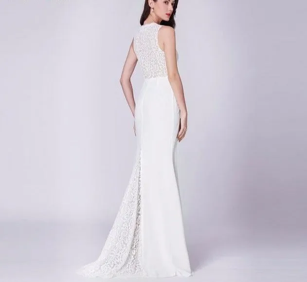 A Line V Neck Sleeveless Lace Bridal Gowns Sweep Train