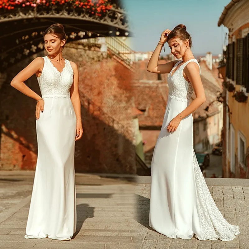 A Line V Neck Sleeveless Lace Bridal Gowns Sweep Train