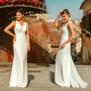 A Line V Neck Sleeveless Lace Bridal Gowns Sweep Train