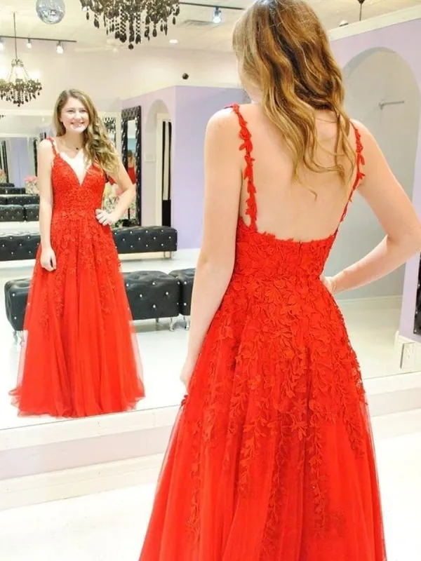 A Line V Neck Spaghetti Straps Floor Length Backless Burgundy/Red Lace Long Prom, Lace Burgundy/Red Formal