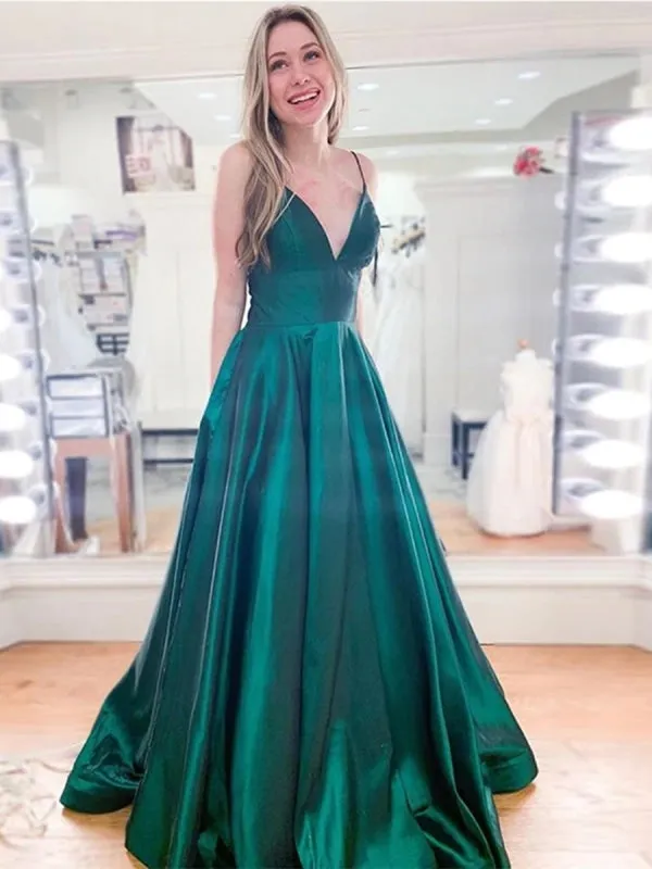 A Line V Neck Spaghetti Straps Long Emerald Green Prom, V Neck Emerald Green Formal, Simple Green Evening