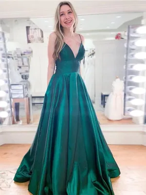 A Line V Neck Spaghetti Straps Long Emerald Green Prom, V Neck Emerald Green Formal, Simple Green Evening