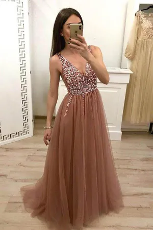 A-Line V-Neck Tulle Beaded Lace Up Back Long Prom Dress, Evening Dress  CMS211121