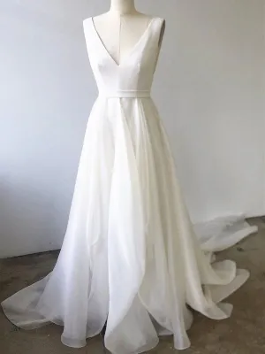 A Line V Neck White Prom with Train, V Neck Formal Wedding with Train, White Evening