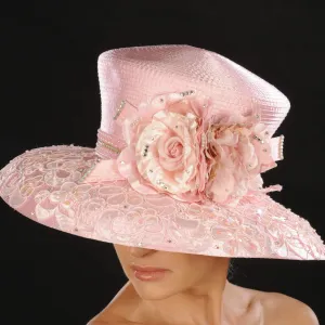 AC7033- Pink satin ladies dress hat with flowers
