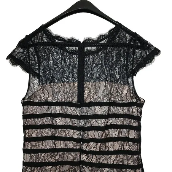 Adrianna Papell Lace Cocktail Midi Dress With Sheer Neck And Hem In Black Size L