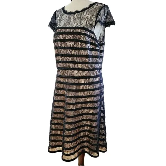 Adrianna Papell Lace Cocktail Midi Dress With Sheer Neck And Hem In Black Size L