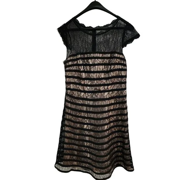 Adrianna Papell Lace Cocktail Midi Dress With Sheer Neck And Hem In Black Size L