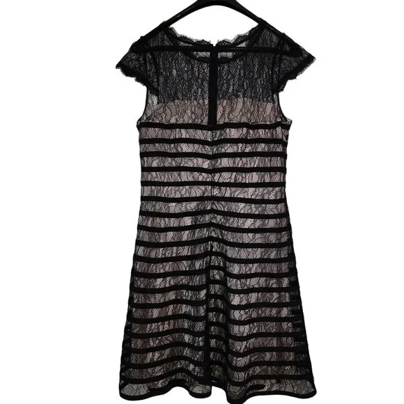 Adrianna Papell Lace Cocktail Midi Dress With Sheer Neck And Hem In Black Size L