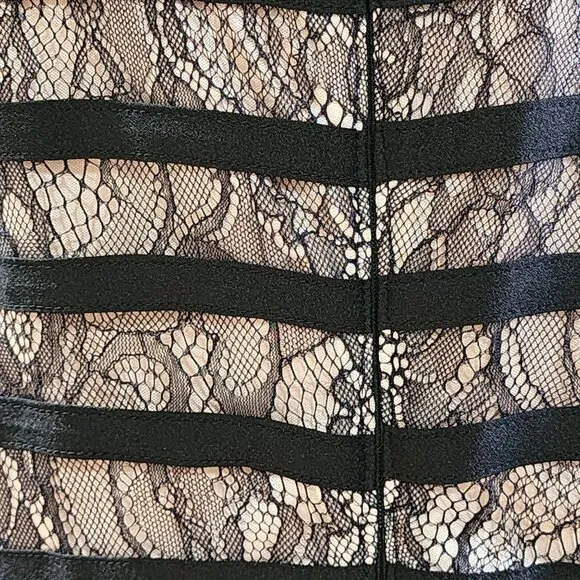 Adrianna Papell Lace Cocktail Midi Dress With Sheer Neck And Hem In Black Size L