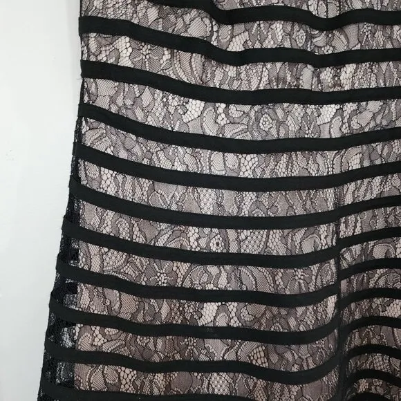 Adrianna Papell Lace Cocktail Midi Dress With Sheer Neck And Hem In Black Size L
