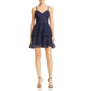 Aqua Blue lace Stars Tiered Cocktail Dress Strappy Mini SZ L NWT $119