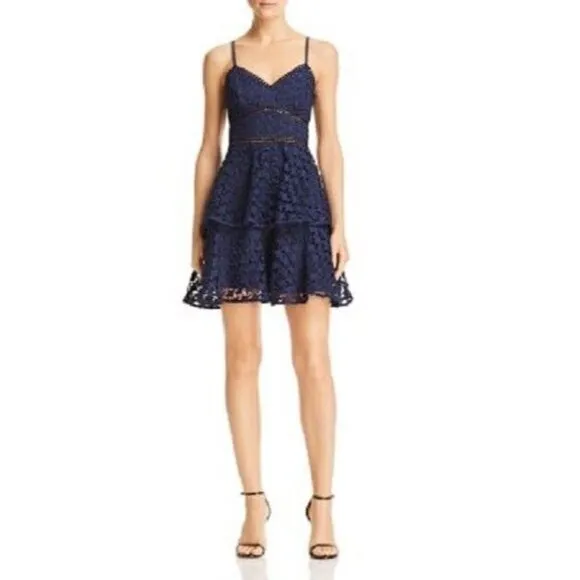 Aqua Blue lace Stars Tiered Cocktail Dress Strappy Mini SZ L NWT $119