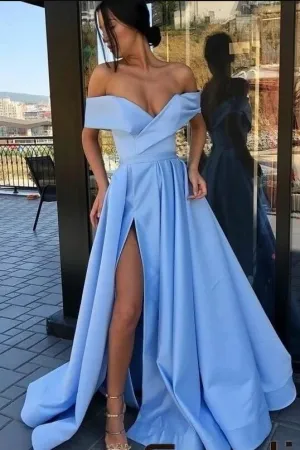 Aqua Blue Satin Long Prom Party Dresses with Off-the-shoulder