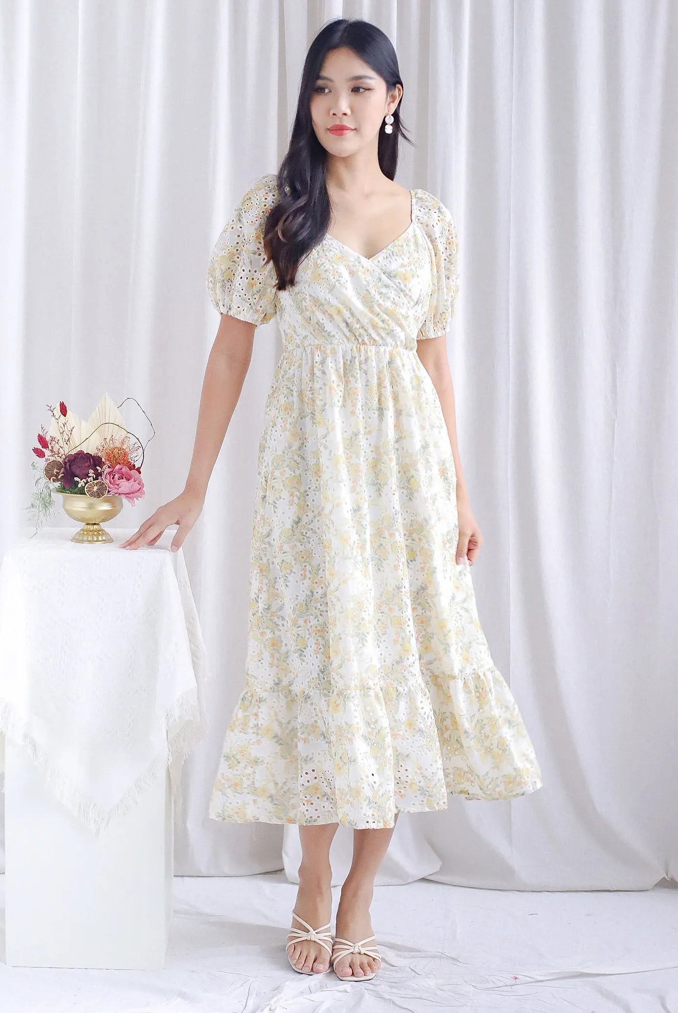 Auden Floral Embro Sleeved Overlap Maxi Dress In Yellow