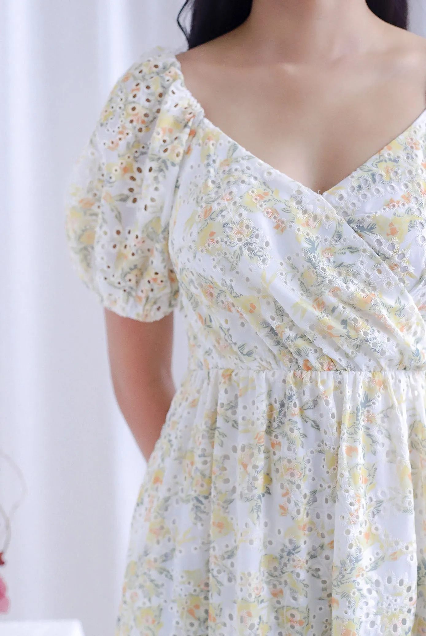 Auden Floral Embro Sleeved Overlap Maxi Dress In Yellow
