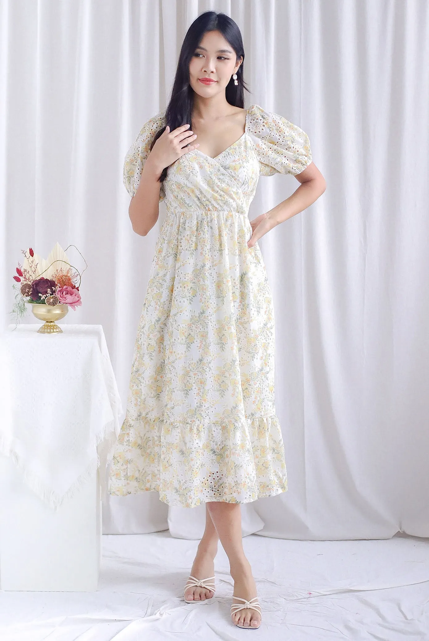 Auden Floral Embro Sleeved Overlap Maxi Dress In Yellow