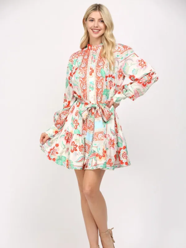 Autumn Floral Satin Tie Dress