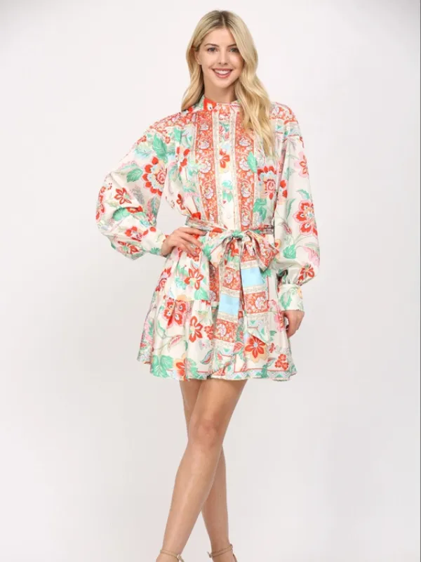Autumn Floral Satin Tie Dress