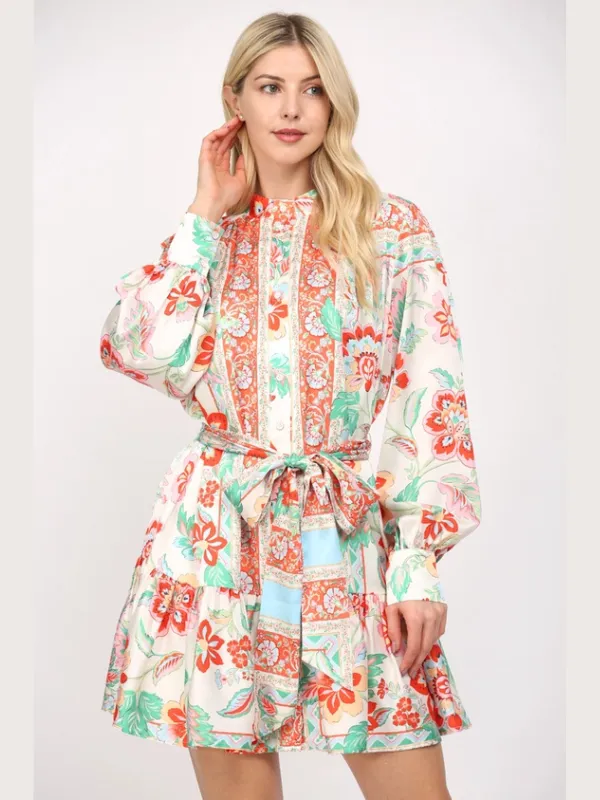 Autumn Floral Satin Tie Dress