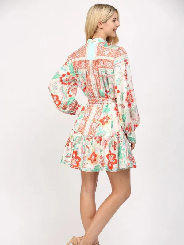 Autumn Floral Satin Tie Dress