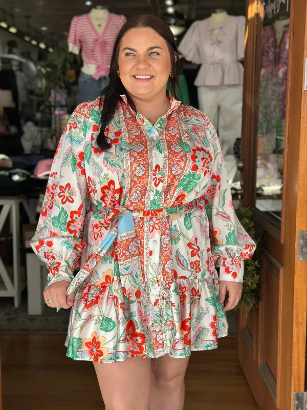 Autumn Floral Satin Tie Dress
