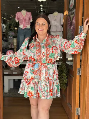 Autumn Floral Satin Tie Dress