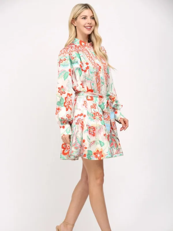 Autumn Floral Satin Tie Dress