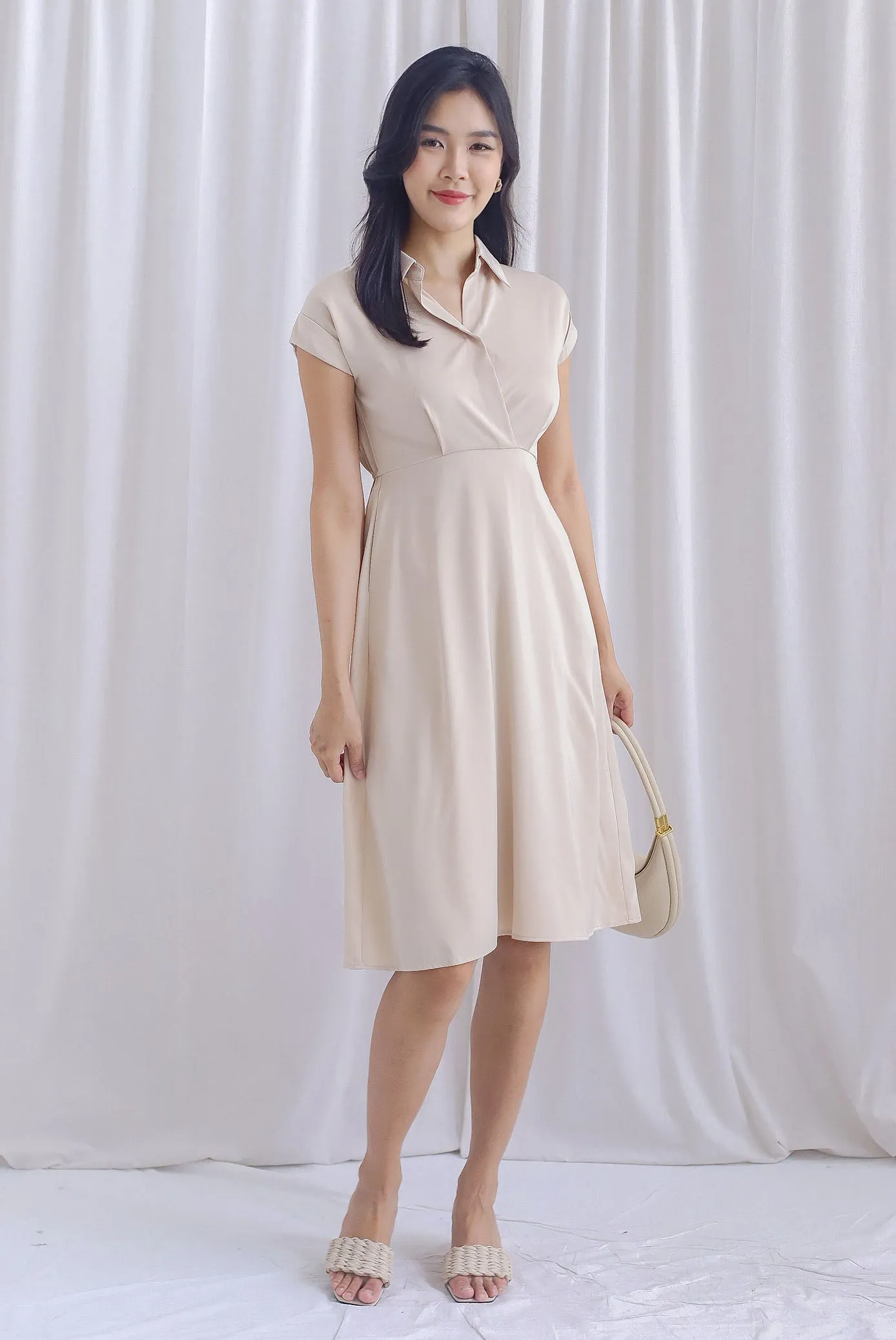 Ava Overlap Front Satin Dress In Cream