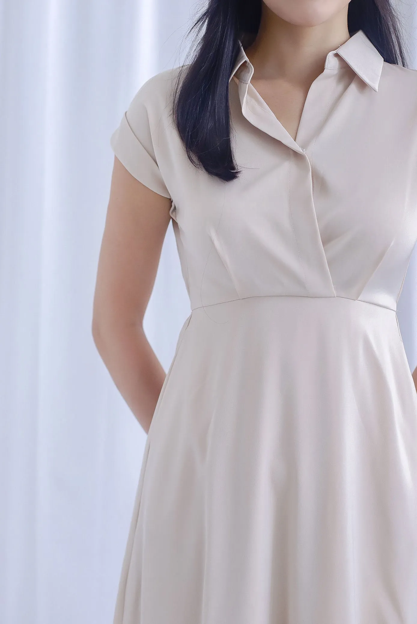 Ava Overlap Front Satin Dress In Cream
