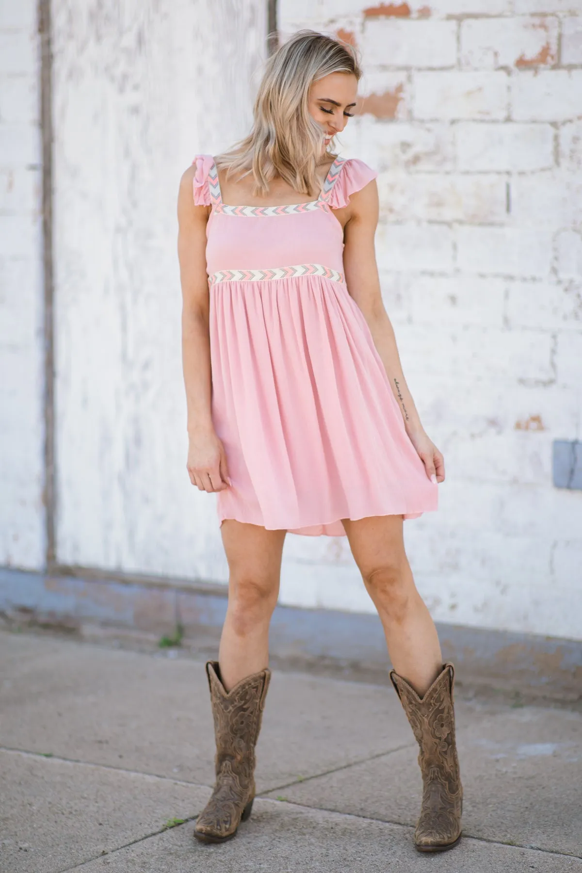 Baby Pink Chevron Trim Babydoll Dress