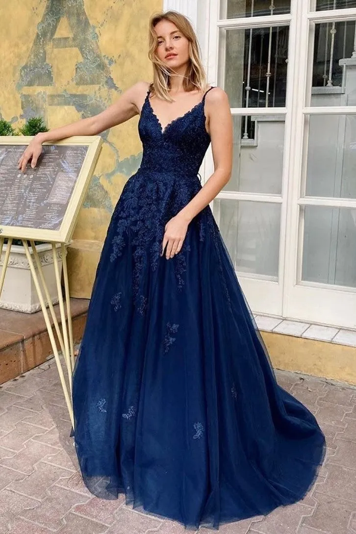 Backless Tulle Lace Long Prom Gown Dress with V-neckline