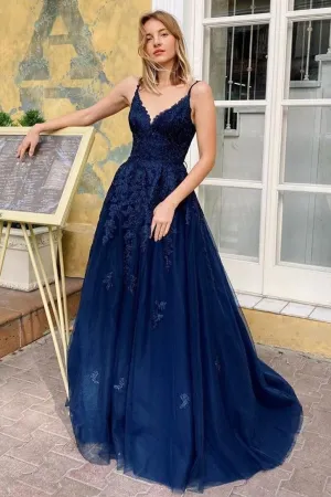 Backless Tulle Lace Long Prom Gown Dress with V-neckline